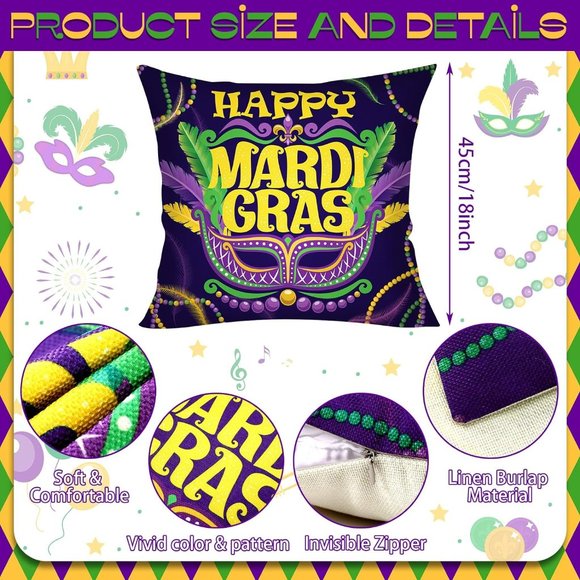 NWOT Mardi Gras Pillow Covers 18x18 Set of 4 Happy Mardi Gras - Picture 5 of 6
